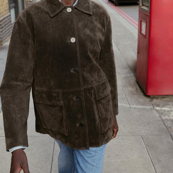 ZARA WOMAN FW25 DARK KHAKI 100% SUEDE JACKET SMALL - Picture 2 of 8